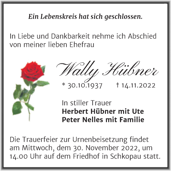 Traueranzeige von Wally Hübner von Trauerkombi Merseburg