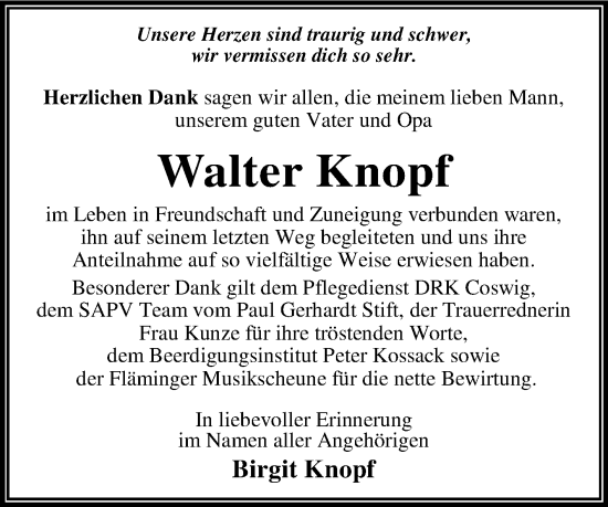 Traueranzeige von Walter Knopf von Trauerkombi Dessau