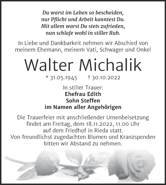 Traueranzeige von Walter Michalik von Trauerkombi Bitterfeld