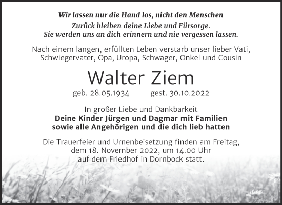 Traueranzeige von Walter Ziem von Trauerkombi Köthen