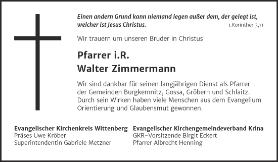 Traueranzeige von Walter Zimmermann von Mitteldeutsche Zeitung Bitterfeld