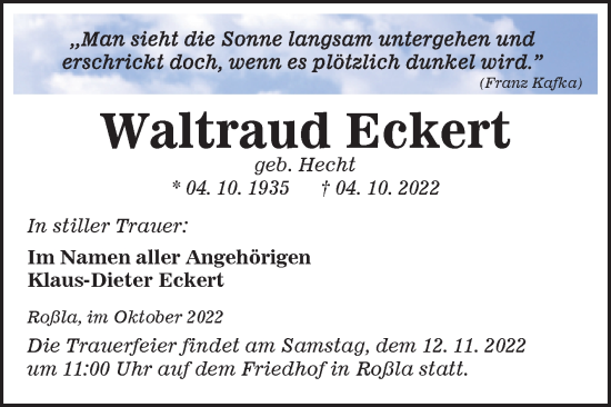 Traueranzeige von Waltraud Eckert von Mitteldeutsche Zeitung Sangerhausen