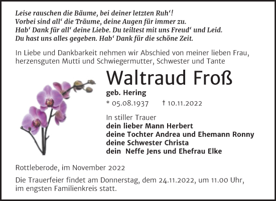 Traueranzeige von Waltraud Froß von Trauerkombi Sangerhausen