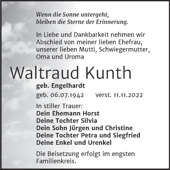 Traueranzeige von Waltraud Kunth von Trauerkombi Weißenfels