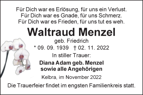 Traueranzeige von Waltraud Menzel von Trauerkombi Sangerhausen