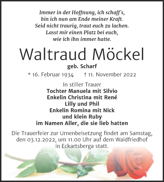Traueranzeige von Waltraud Möckel von Wochenspiegel Naumburg/Nebra