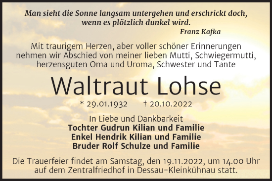 Traueranzeige von Waltraut Lohse von Trauerkombi Dessau
