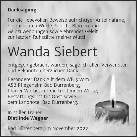 Traueranzeige von Wanda Siebert von Trauerkombi Merseburg