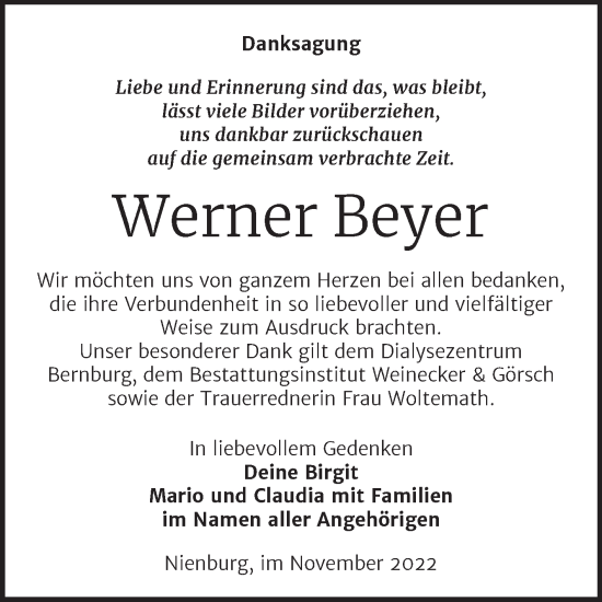 Traueranzeige von Werner Beyer von Trauerkombi Bernburg