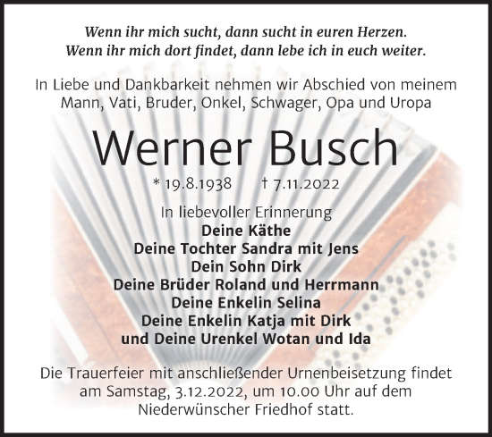 Traueranzeige von Werner Busch von Trauerkombi Merseburg