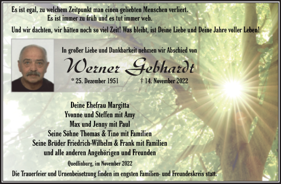 Traueranzeige von Werner Gebhardt von Trauerkombi Quedlinburg