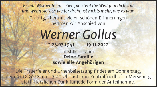 Traueranzeige von Werner Gollus von Trauerkombi Merseburg
