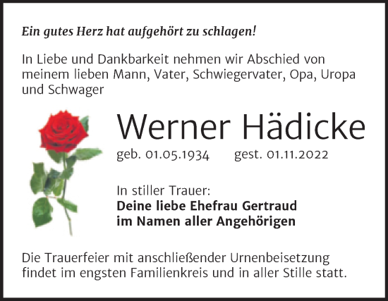 Traueranzeige von Werner Hädicke von Trauerkombi Bitterfeld