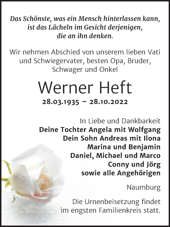 Traueranzeige von Werner Heft von Naumburger Tageblatt