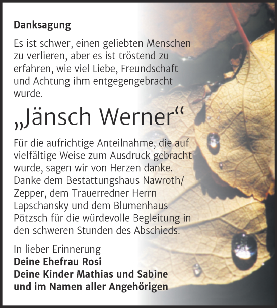 Traueranzeige von Werner Jänsch von Trauerkombi Bitterfeld