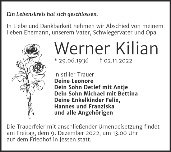 Traueranzeige von Werner Kilian von Trauerkombi Wittenberg
