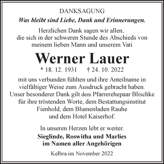 Traueranzeige von Werner Lauer von Mitteldeutsche Zeitung Sangerhausen