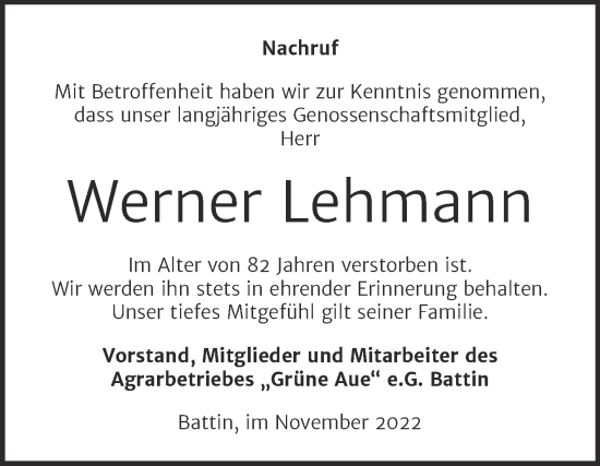 Traueranzeige von Werner Lehmann von Super Sonntag Wittenberg