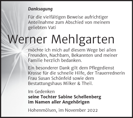 Traueranzeige von Werner Mehlgarten von Trauerkombi Weißenfels