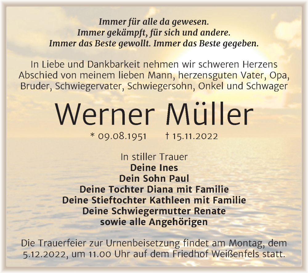  Traueranzeige für Werner Müller vom 19.11.2022 aus Trauerkombi Weißenfels