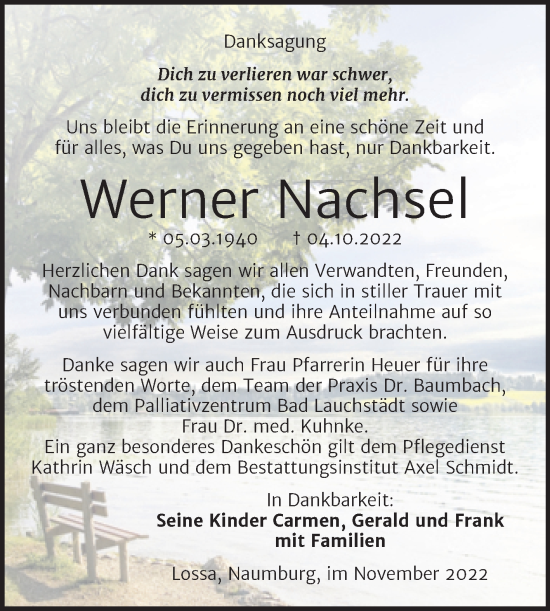 Traueranzeige von Werner Nachsel von Wochenspiegel Naumburg/Nebra