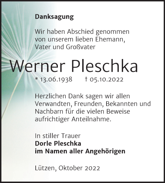 Traueranzeige von Werner Pleschka von Trauerkombi Weißenfels
