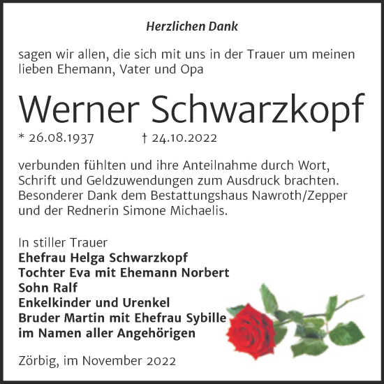 Traueranzeige von Werner Schwarzkopf von Trauerkombi Bitterfeld