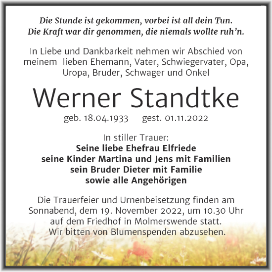 Traueranzeige von Werner Standtke von Trauerkombi Mansfelder Land