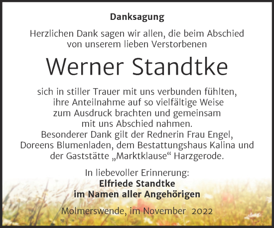 Traueranzeige von Werner Standtke von Trauerkombi Mansfelder Land