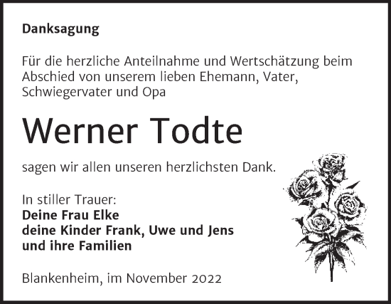 Traueranzeige von Werner Todte von Trauerkombi Sangerhausen