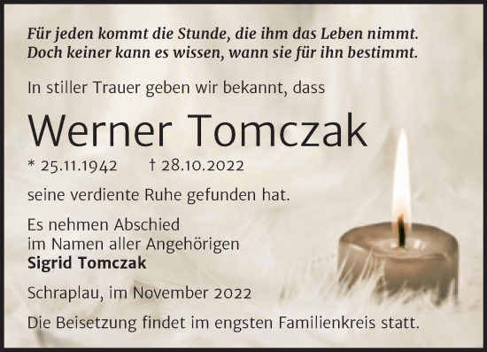Traueranzeige von Werner Tomczak von Trauerkombi Merseburg