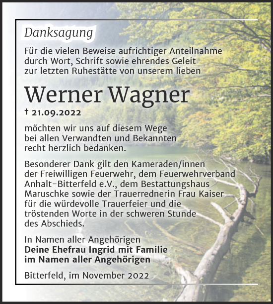 Traueranzeige von Werner Wagner von Trauerkombi Bitterfeld