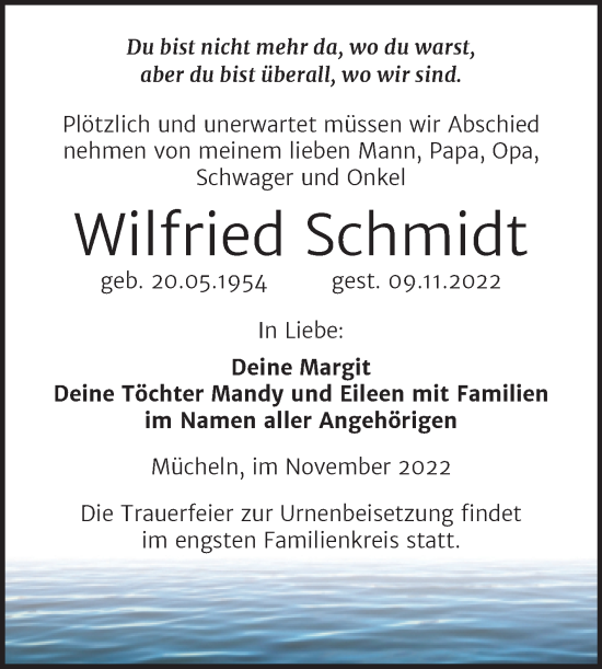 Traueranzeige von Wilfried Schmidt von Trauerkombi Merseburg