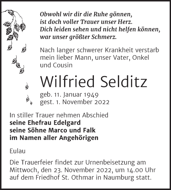 Traueranzeige von Wilfried Selditz von Wochenspiegel Naumburg/Nebra
