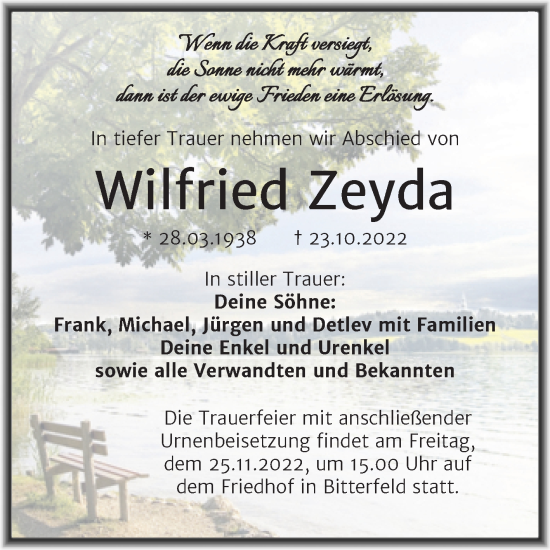 Traueranzeige von Wilfried Zeyda von Trauerkombi Bitterfeld