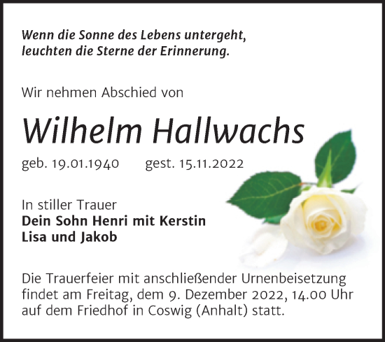 Traueranzeige von Wilhelm Hallwachs von Trauerkombi Wittenberg