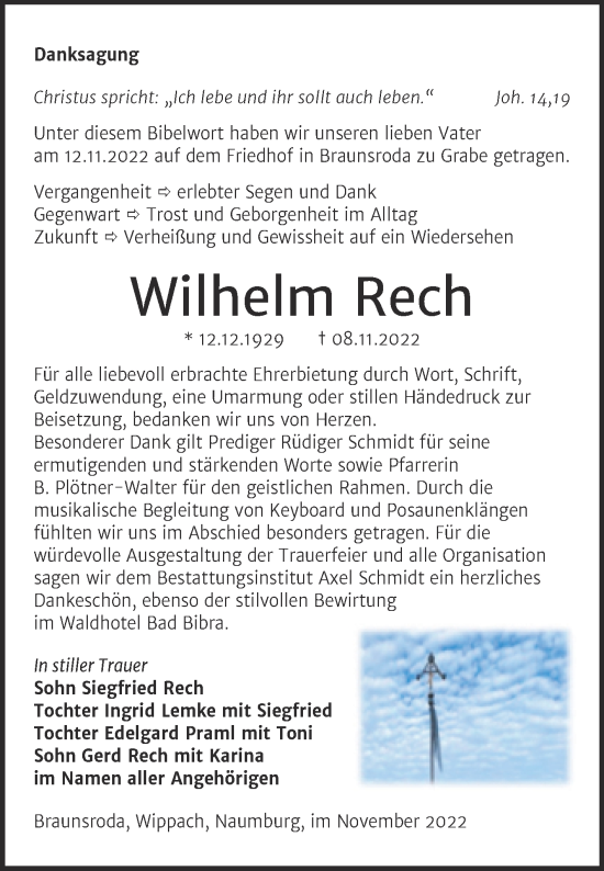 Traueranzeige von Wilhelm Rech von Wochenspiegel Naumburg/Nebra