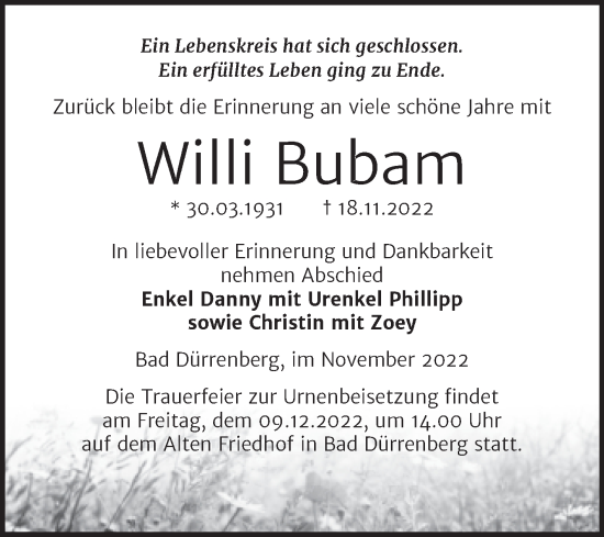 Traueranzeige von Willi Bubam von Trauerkombi Merseburg