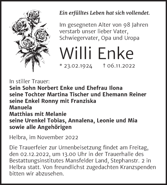Traueranzeige von Willi Enke von Trauerkombi Mansfelder Land