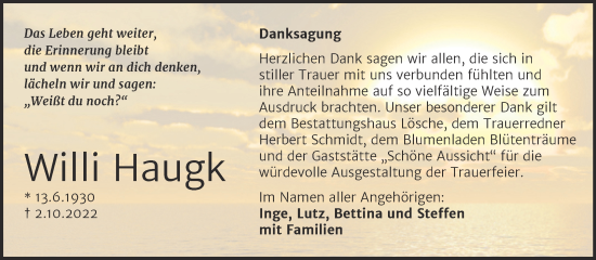 Traueranzeige von Willi Haugk von Trauerkombi Bernburg