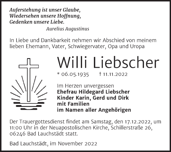 Traueranzeige von Willi Liebscher von Trauerkombi Merseburg