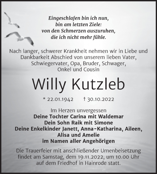 Traueranzeige von Willy Kutzleb von Trauerkombi Sangerhausen
