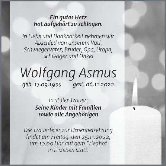Traueranzeige von Wolfgang Asmus von Trauerkombi Mansfelder Land