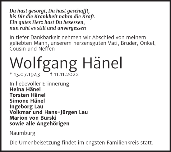 Traueranzeige von Wolfgang Hänel von Wochenspiegel Naumburg/Nebra