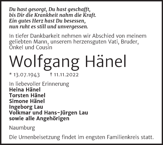 Traueranzeige von Wolfgang Hänel von Naumburger Tageblatt