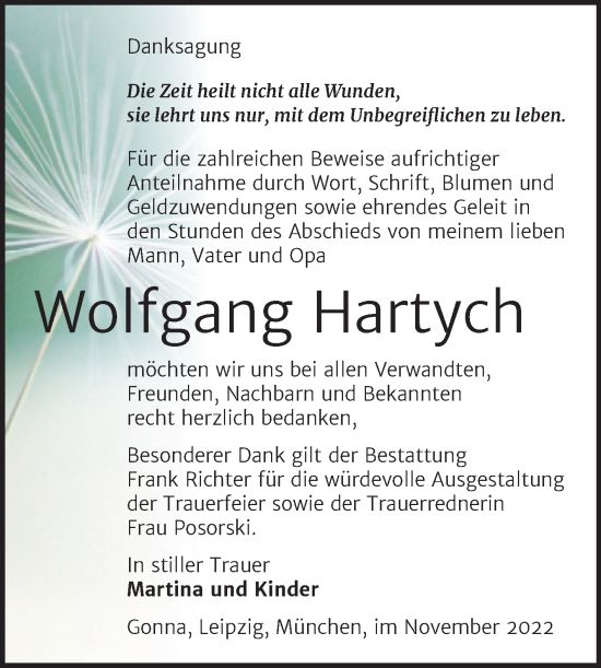 Traueranzeige von Wolfgang Hartych von Trauerkombi Sangerhausen