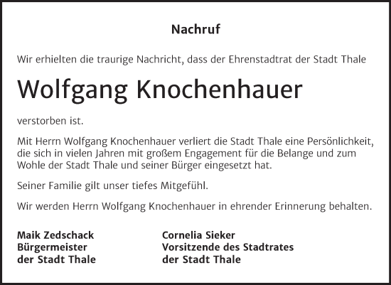 Traueranzeige von Wolfgang Knochenhauer von Mitteldeutsche Zeitung Quedlingburg
