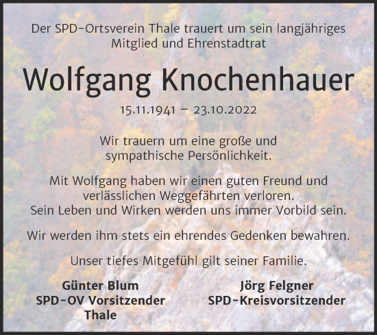 Traueranzeige von Wolfgang Knochenhauer von Super Sonntag Quedlingburg