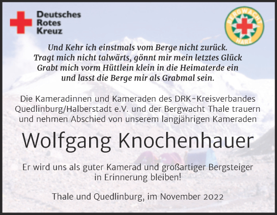 Traueranzeige von Wolfgang Knochenhauer von Super Sonntag Quedlingburg