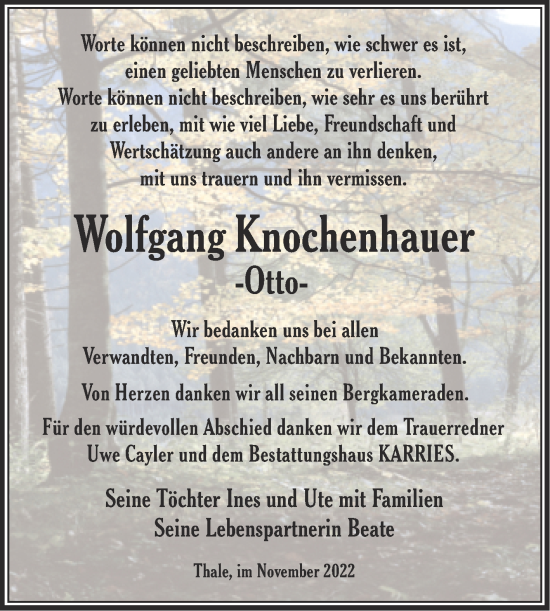 Traueranzeige von Wolfgang Knochenhauer von Trauerkombi Quedlinburg